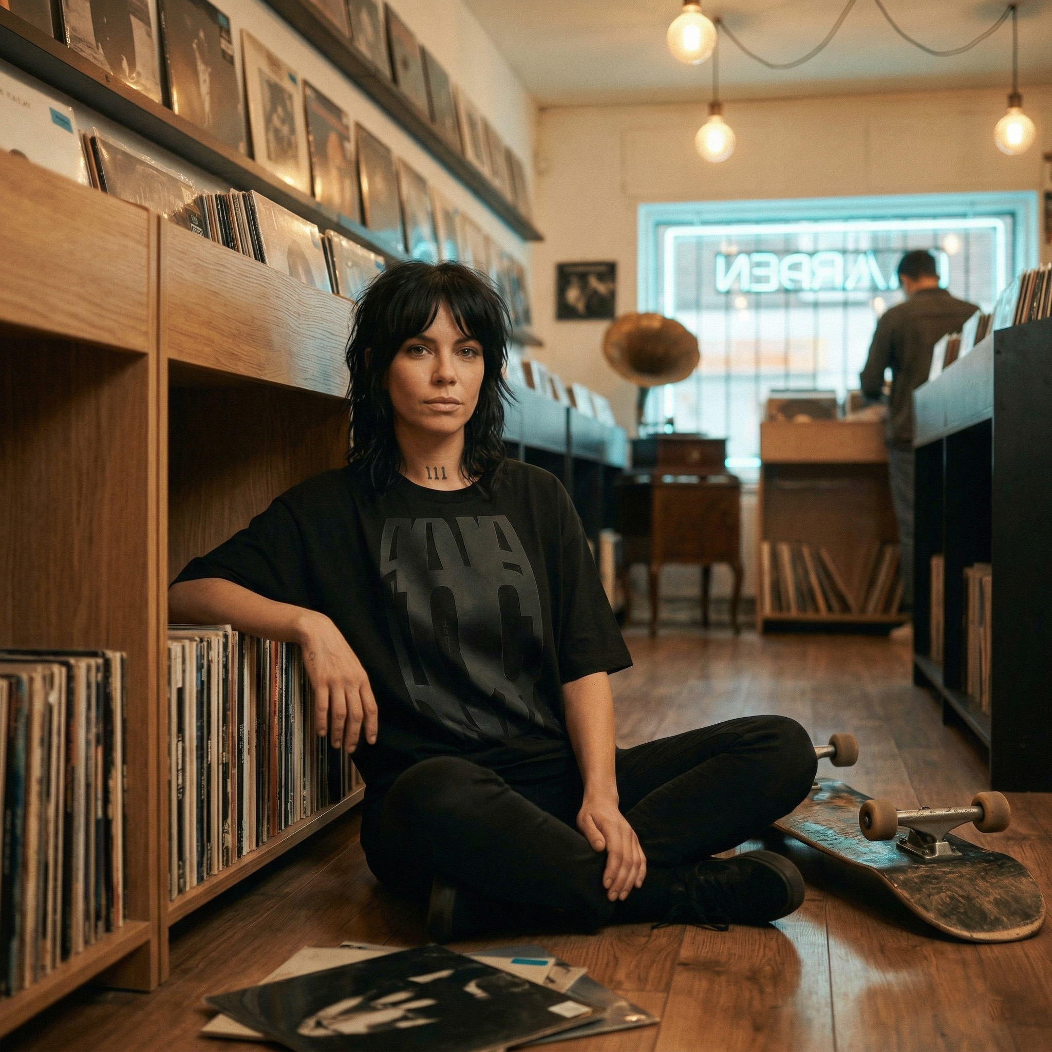 A monochrome record store scene